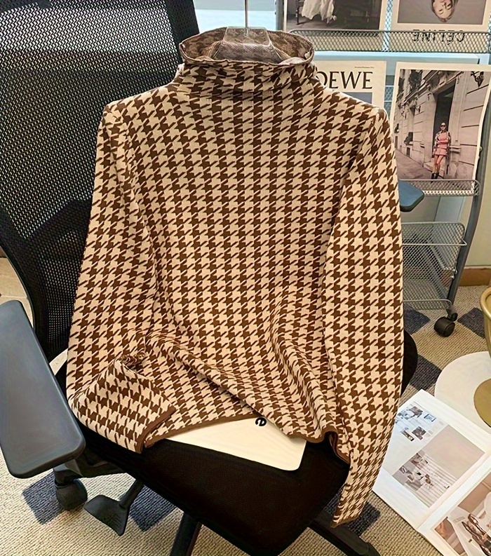 houndstooth pattern turtle neck pullover sweater, houndstooth pattern turtle neck pullover sweater elegant long sleeve slim versatile sweater womens clothing details 3