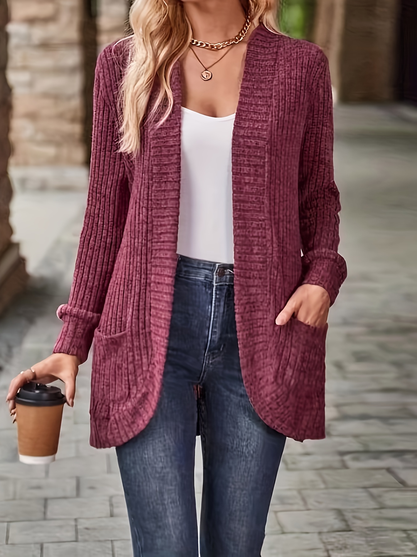 solid open front cardigan casual long sleeve drop shoulder outwear for spring fall womens clothing details 23